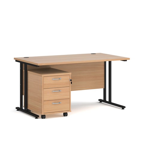 Office Desk Rectangular Desk 1400mm With Pedestal Beech Top With Black Frame 800mm Depth Maestro 25 Sbk314b