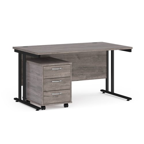 Maestro 25 straight desk 1400mm x 800mm with black cantilever frame and 3 drawer pedestal - grey oak