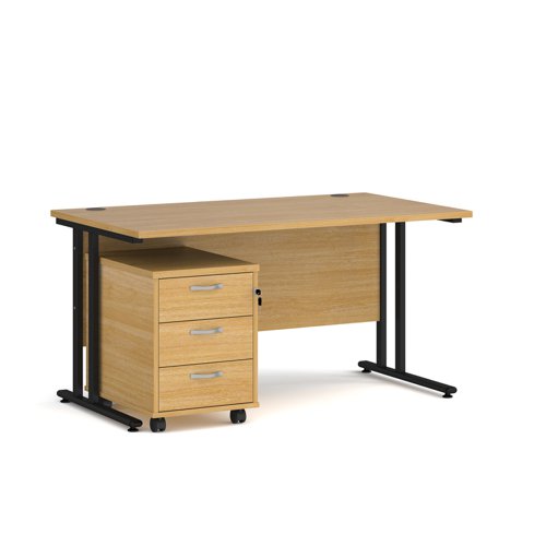 Maestro 25 straight desk 1400mm x 800mm with black cantilever frame and 3 drawer pedestal - oak