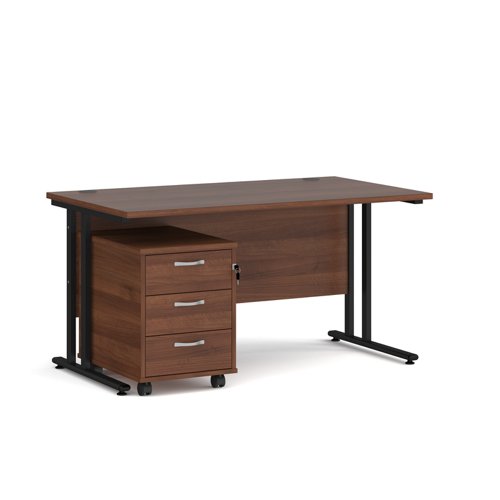 Maestro 25 straight desk 1400mm x 800mm with black cantilever frame and 3 drawer pedestal - walnut