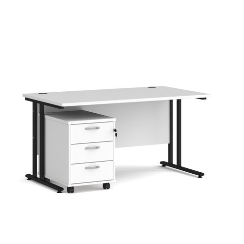 Maestro 25 straight desk 1400mm x 800mm with black cantilever frame and 3 drawer pedestal - white SBK314WH Buy online at Office 5Star or contact us Tel 01594 810081 for assistance