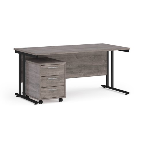 Maestro 25 straight desk 1600mm x 800mm with black cantilever frame and 3 drawer pedestal - grey oak
