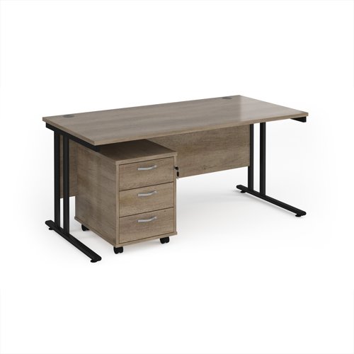 Maestro 25 straight desk 1600mm x 800mm with black cantilever frame and 3 drawer pedestal - Nebraska Oak