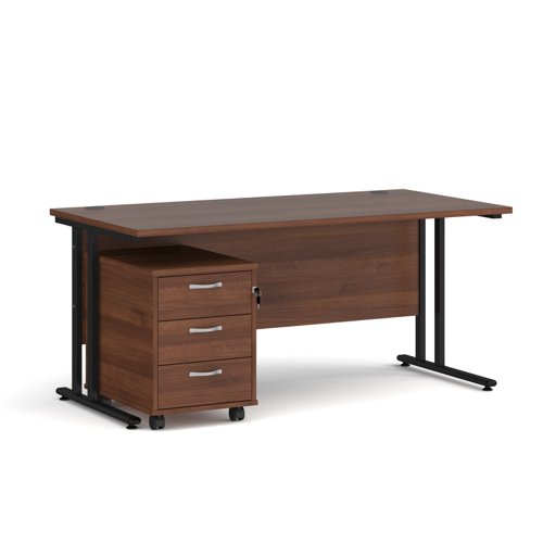 Maestro 25 straight desk 1600mm x 800mm with black cantilever frame and 3 drawer pedestal - walnut
