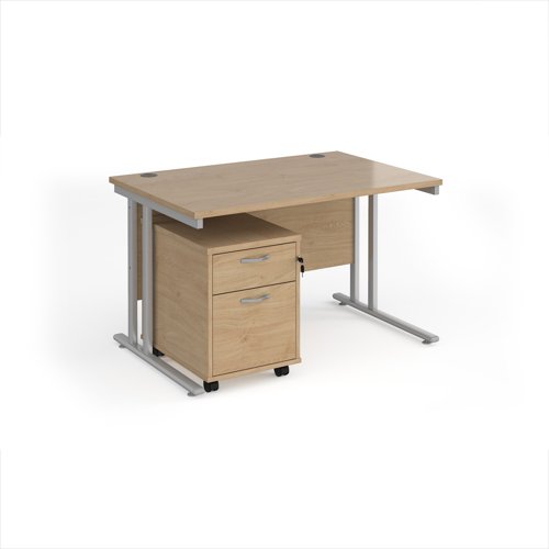 Maestro 25 straight desk 1200mm x 800mm with silver cantilever frame and 2 drawer pedestal - Kendal Oak