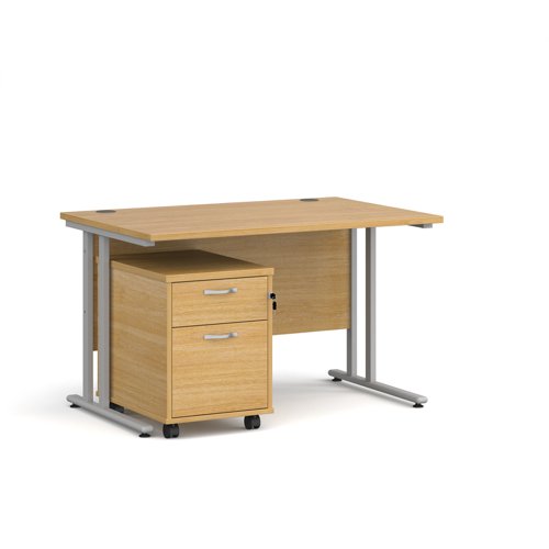 Maestro 25 straight desk 1200mm x 800mm with silver cantilever frame and 2 drawer pedestal - oak