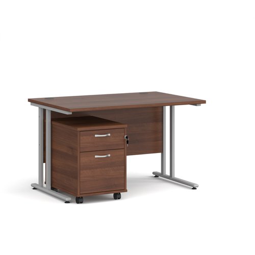 Maestro 25 straight desk 1200mm x 800mm with silver cantilever frame and 2 drawer pedestal - walnut