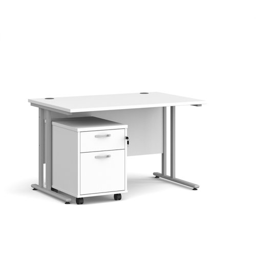 Maestro 25 straight desk 1200mm x 800mm with silver cantilever frame and 2 drawer pedestal - white SBS212WH Buy online at Office 5Star or contact us Tel 01594 810081 for assistance