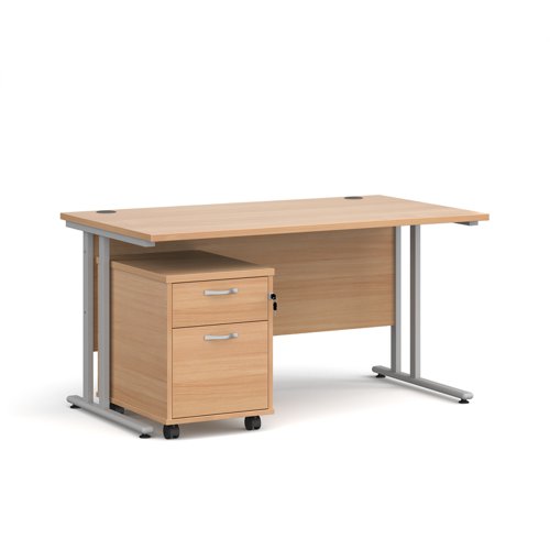 Maestro 25 straight desk 1400mm x 800mm with silver cantilever frame and 2 drawer pedestal - beech Office Desks SBS214B