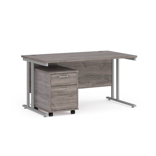 Maestro 25 straight desk 1400mm x 800mm with silver cantilever frame and 2 drawer pedestal - grey oak