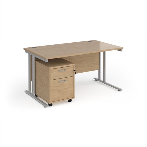 Maestro 25 straight desk 1400mm x 800mm with silver cantilever frame and 2 drawer pedestal - Kendal Oak
