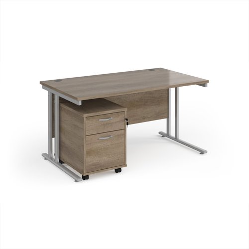 Maestro 25 straight desk 1400mm x 800mm with silver cantilever frame and 2 drawer pedestal - Nebraska Oak