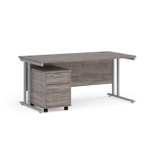 Maestro 25 straight desk 1600mm x 800mm with silver cantilever frame and 2 drawer pedestal - grey oak