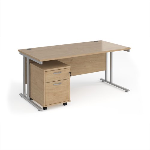Maestro 25 straight desk 1600mm x 800mm with silver cantilever frame and 2 drawer pedestal - Kendal Oak