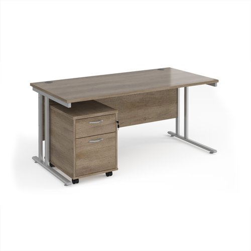 Maestro 25 straight desk 1600mm x 800mm with silver cantilever frame and 2 drawer pedestal - Nebraska Oak