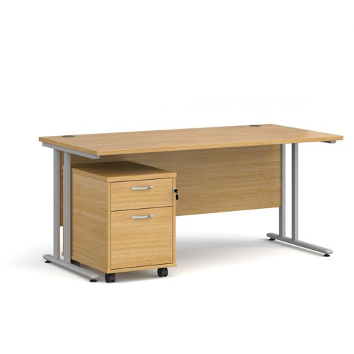 Maestro 25 straight desk 1600mm x 800mm with silver cantilever frame and 2 drawer pedestal - oak