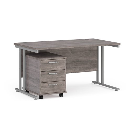 Maestro 25 straight desk 1400mm x 800mm with silver cantilever frame and 3 drawer pedestal - grey oak