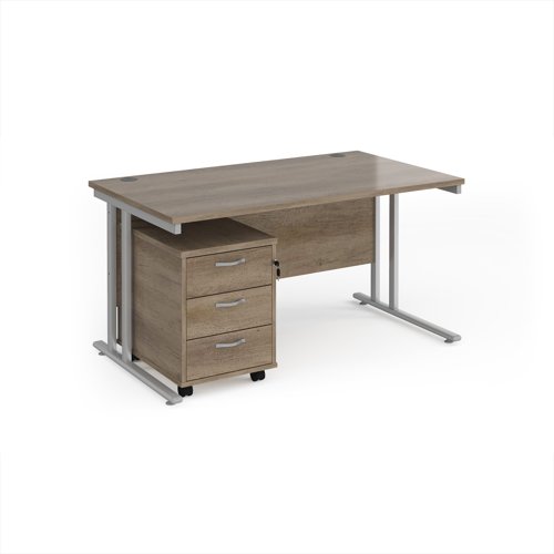 Maestro 25 straight desk 1400mm x 800mm with silver cantilever frame and 3 drawer pedestal - Nebraska Oak