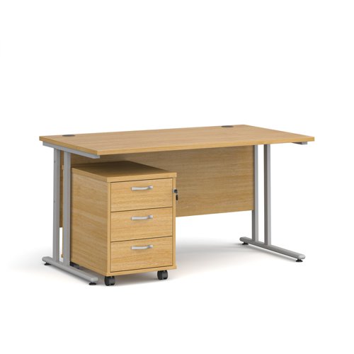 Maestro 25 straight desk 1400mm x 800mm with silver cantilever frame and 3 drawer pedestal - oak