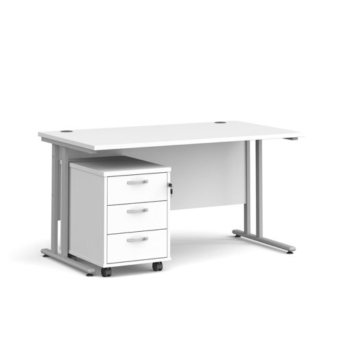 Maestro 25 straight desk 1400mm x 800mm with silver cantilever frame and 3 drawer pedestal - white