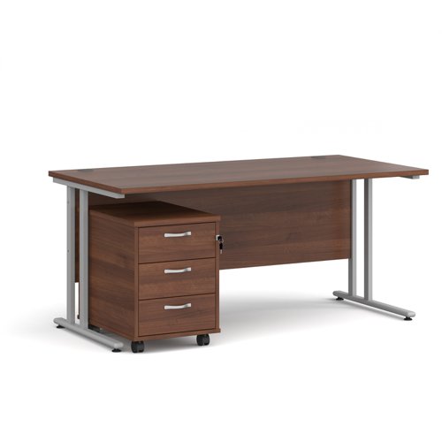 Maestro 25 straight desk 1600mm x 800mm with silver cantilever frame and 3 drawer pedestal - walnut