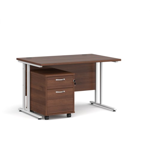 Maestro 25 straight desk 1200mm x 800mm with white cantilever frame and 2 drawer pedestal - walnut
