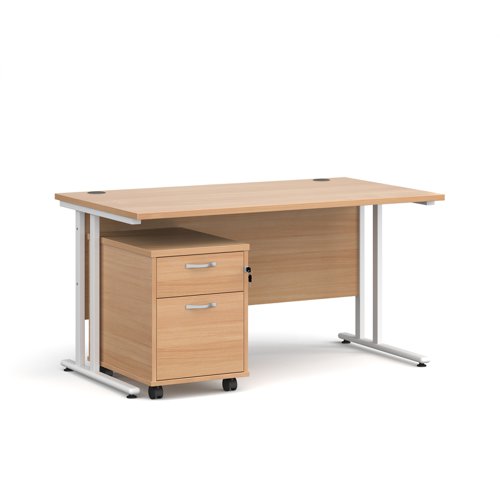 Maestro 25 straight desk 1400mm x 800mm with white cantilever frame and 2 drawer pedestal - beech