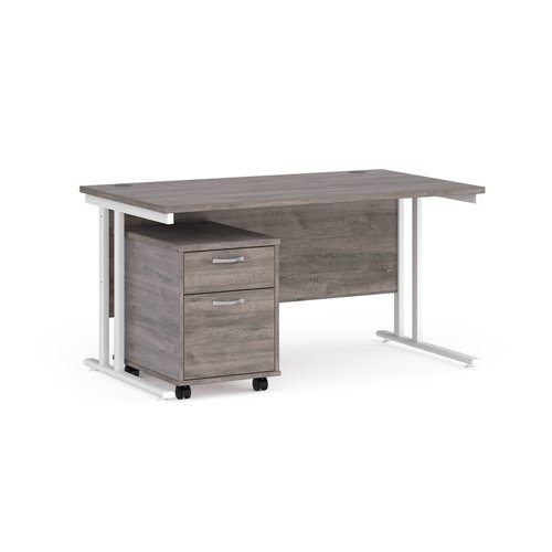 Maestro 25 straight desk 1400mm x 800mm with white cantilever frame and 2 drawer pedestal - grey oak