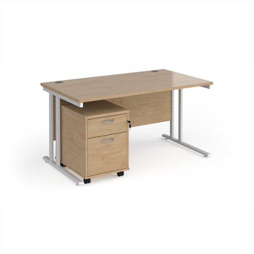 Maestro 25 straight desk 1400mm x 800mm with white cantilever frame and 2 drawer pedestal - Kendal Oak