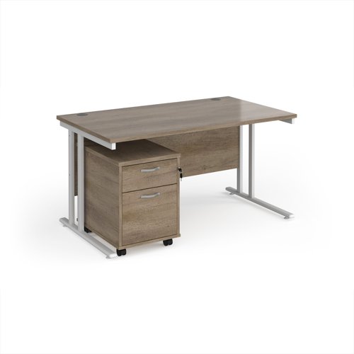 Maestro 25 straight desk 1400mm x 800mm with white cantilever frame and 2 drawer pedestal - Nebraska Oak