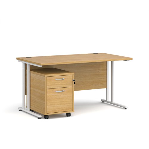 Maestro 25 straight desk 1400mm x 800mm with white cantilever frame and 2 drawer pedestal - oak
