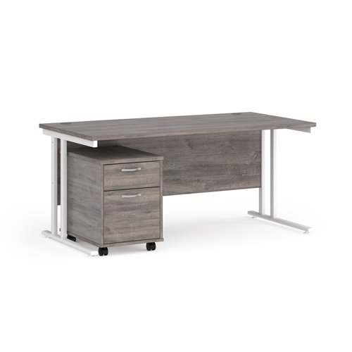 Maestro 25 straight desk 1600mm x 800mm with white cantilever frame and 2 drawer pedestal - grey oak