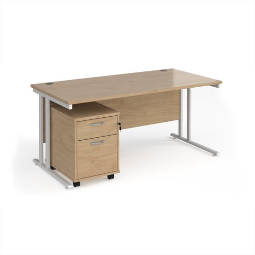 Maestro 25 straight desk 1600mm x 800mm with white cantilever frame and 2 drawer pedestal - Kendal Oak