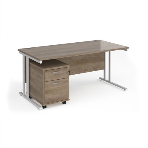 Maestro 25 straight desk 1600mm x 800mm with white cantilever frame and 2 drawer pedestal - Nebraska Oak