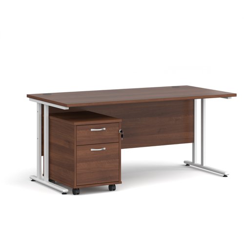 Maestro 25 straight desk 1600mm x 800mm with white cantilever frame and 2 drawer pedestal - walnut
