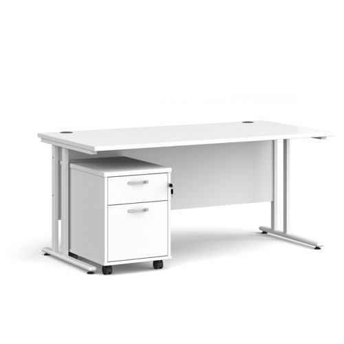 Maestro 25 straight desk 1600mm x 800mm with white cantilever frame and 2 drawer pedestal - white