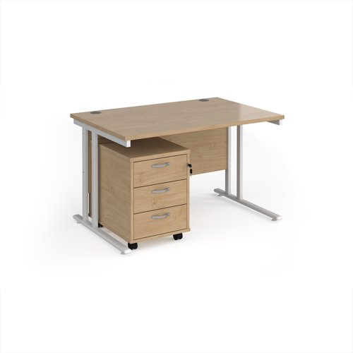 Maestro 25 straight desk 1200mm x 800mm with white cantilever frame and 3 drawer pedestal - Kendal Oak