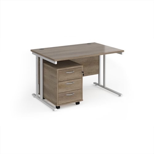 Maestro 25 straight desk 1200mm x 800mm with white cantilever frame and 3 drawer pedestal - Nebraska Oak