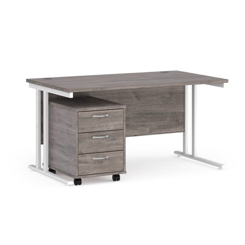 Maestro 25 straight desk 1400mm x 800mm with white cantilever frame and 3 drawer pedestal - grey oak