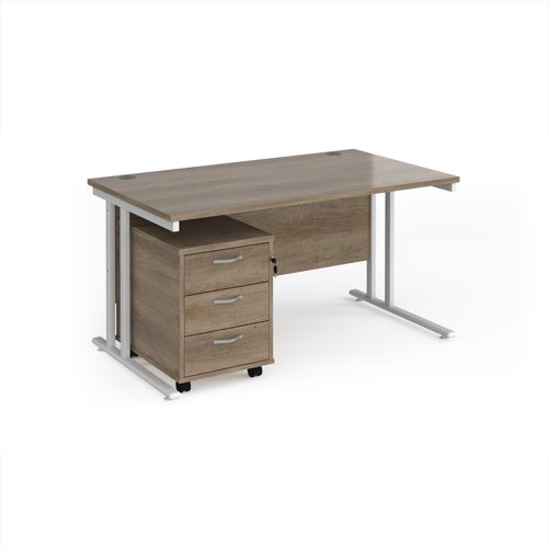 Maestro 25 straight desk 1400mm x 800mm with white cantilever frame and 3 drawer pedestal - Nebraska Oak