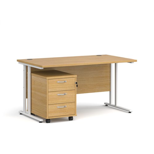 Maestro 25 straight desk 1400mm x 800mm with white cantilever frame and 3 drawer pedestal - oak