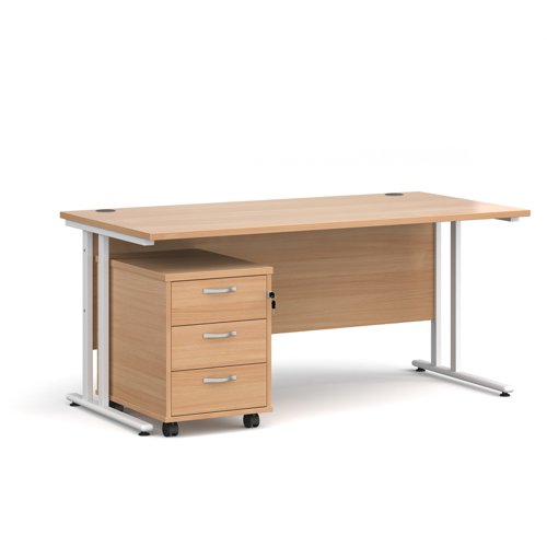 Maestro 25 straight desk 1600mm x 800mm with white cantilever frame and 3 drawer pedestal - beech