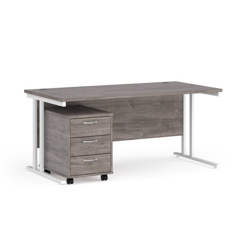 Maestro 25 straight desk 1600mm x 800mm with white cantilever frame and 3 drawer pedestal - grey oak