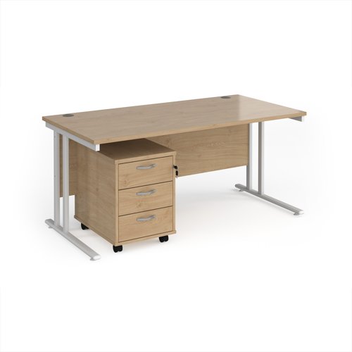 Maestro 25 straight desk 1600mm x 800mm with white cantilever frame and 3 drawer pedestal - Kendal Oak