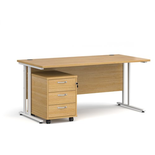 Maestro 25 straight desk 1600mm x 800mm with white cantilever frame and 3 drawer pedestal - oak