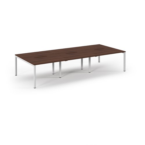 Connex Scalloped 3600 x 1600 x 725mm Back to Back Desk ( 6 x 1200mm ) - White Frame / Walnut Top