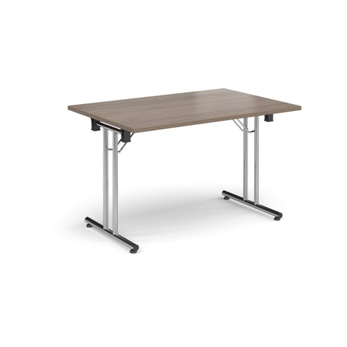 Rectangular folding leg table with chrome legs and straight foot rails 1200mm x 800mm - Barcelona Walnut