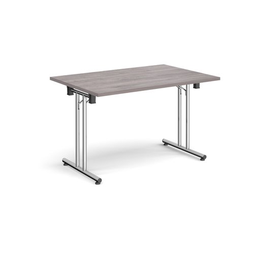 Rectangular folding leg table with chrome legs and straight foot rails 1200mm x 800mm - grey oak