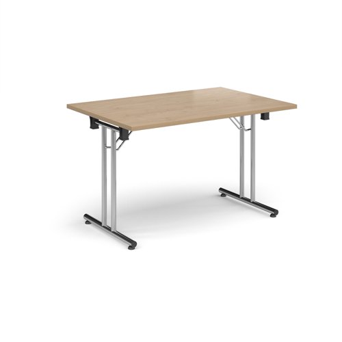 Rectangular folding leg table with chrome legs and straight foot rails 1200mm x 800mm - Kendal Oak