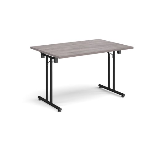 Rectangular folding leg table with black legs and straight foot rails 1200mm x 800mm - grey oak